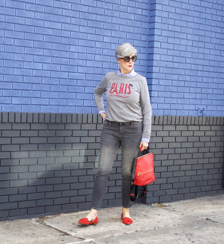 how to wear gray skinny jeans by old navy and a grey sweater from Talbots Parisian collection