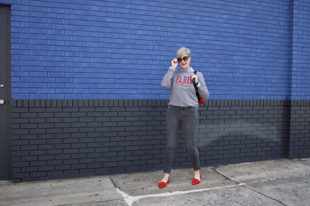 how to wear gray skinny jeans by old navy and a grey sweater from Talbots Parisian collection