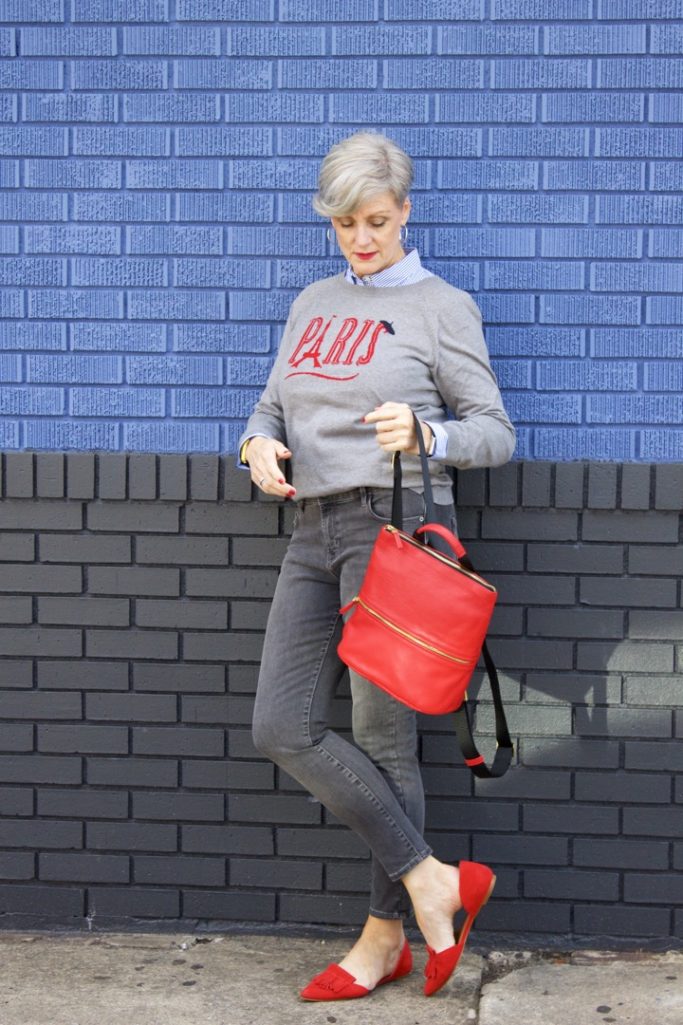 how to wear gray skinny jeans by old navy and a grey sweater from Talbots Parisian collection