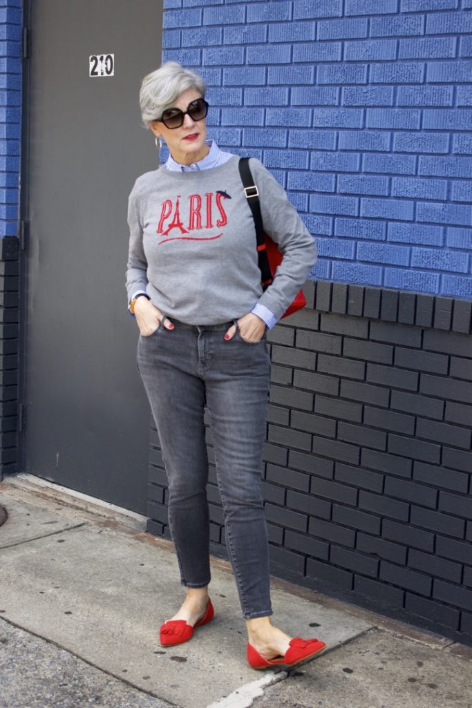 how to wear gray skinny jeans by old navy and a grey sweater from Talbots Parisian collection