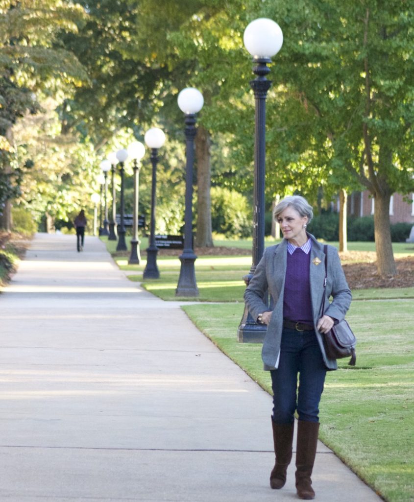 a new day blazer, cable sweater, suede boots and skinny jeans