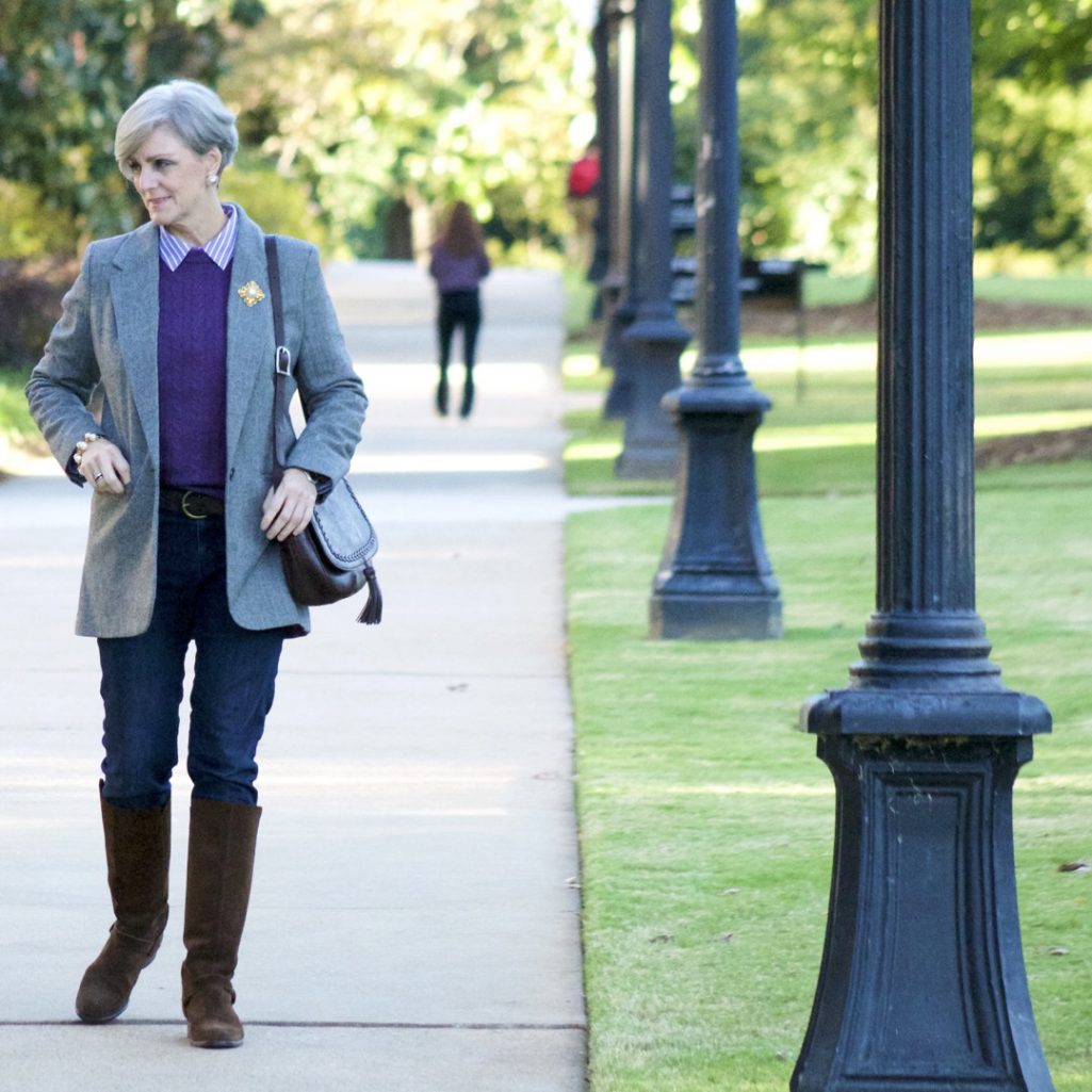 a new day blazer, cable sweater, suede boots and skinny jeans