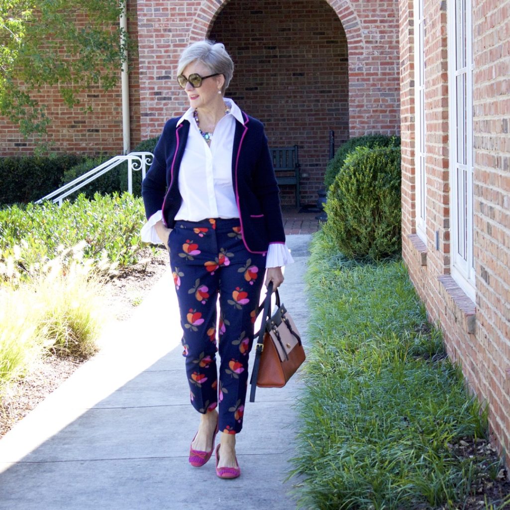 boden floral pants with sweater blazer