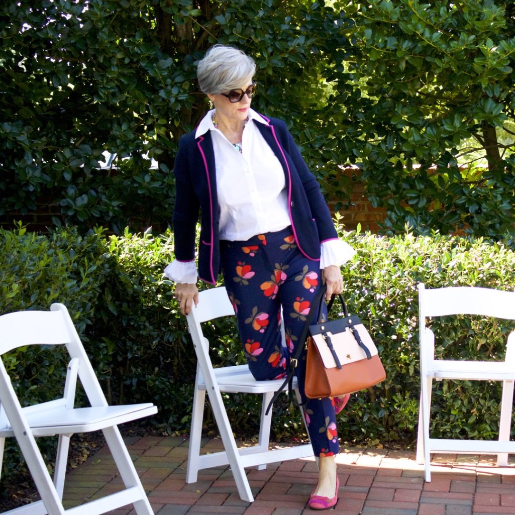 boden floral pants with sweater blazer