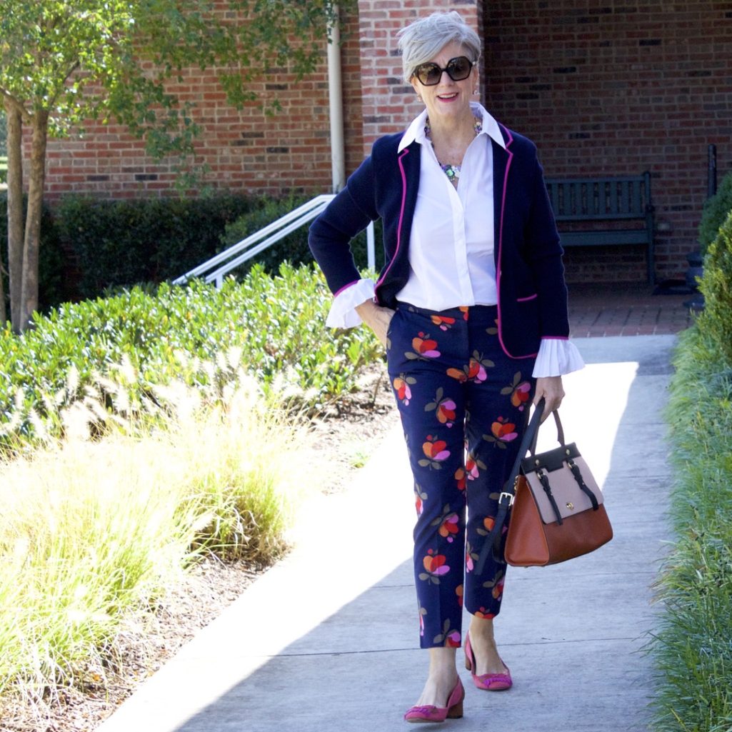 boden floral pants with sweater blazer