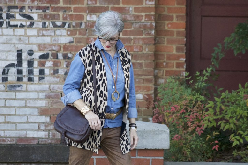 chico's leopard vest, faux leather leggings, denim shirt