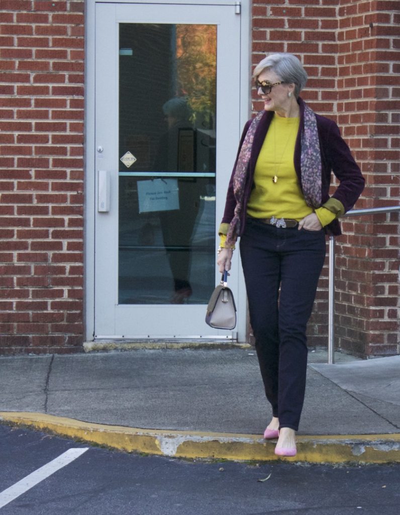 jcrew velvet blazer, ann taylor modern skinny denim, j.crew italian cashmere, pink suede pumps