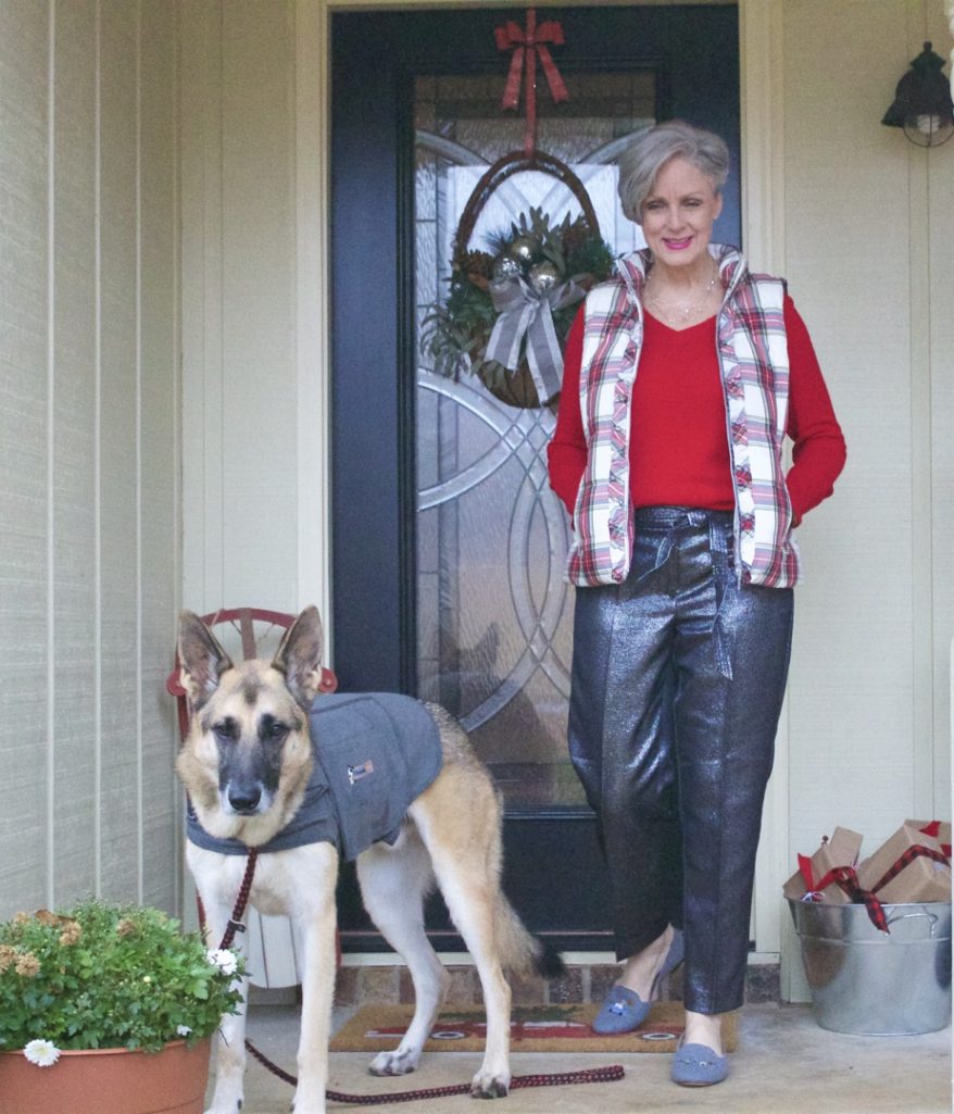 german shepherd, holiday outfit, plaid puffer vest