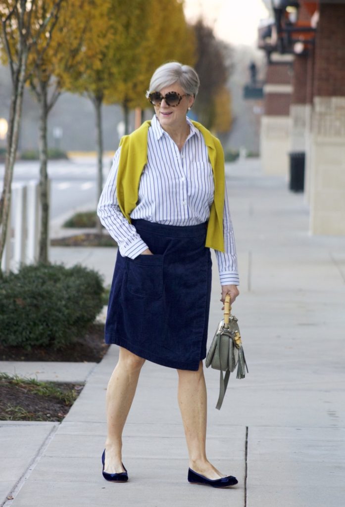 anthropologie skirt, madewell striped shirt, j.crew cashmere sweater, kate spade velvet ballet flats