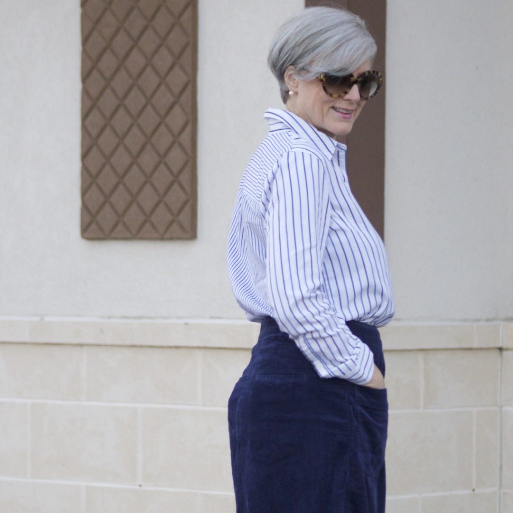 anthropologie skirt, madewell striped shirt, j.crew cashmere sweater, kate spade velvet ballet flats