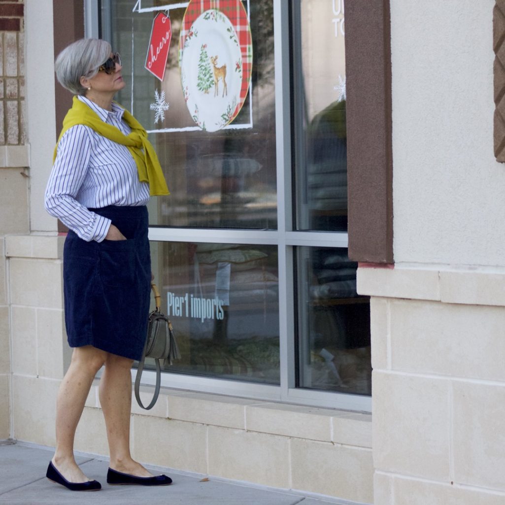 anthropologie skirt, madewell striped shirt, j.crew cashmere sweater, kate spade velvet ballet flats