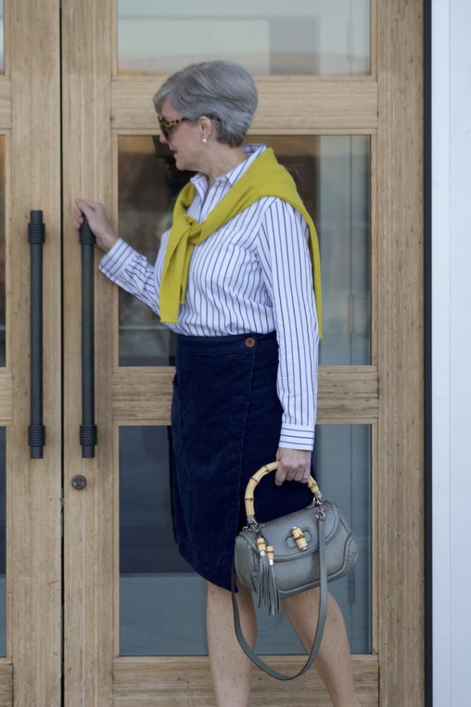 anthropologie skirt, madewell striped shirt, j.crew cashmere sweater, kate spade velvet ballet flats