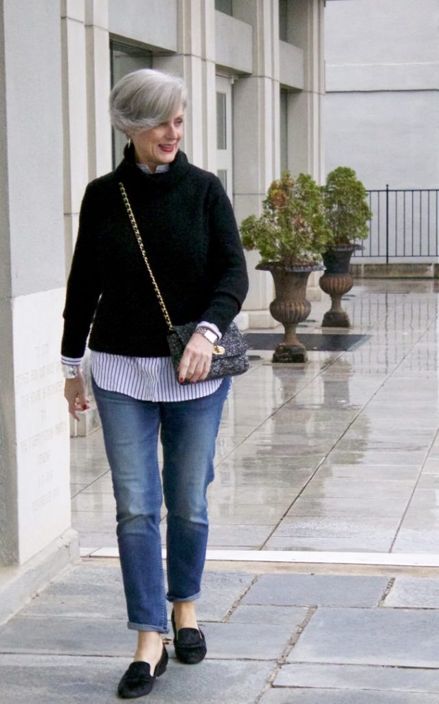 j.crew turtleneck, banana republic girlfriend jeans, tahari smoking slippers, talbots tweed handbag