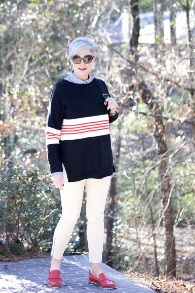 ann taylor striped sweater, j.crew striped shirt, j.crew cargo pants, coach loafers