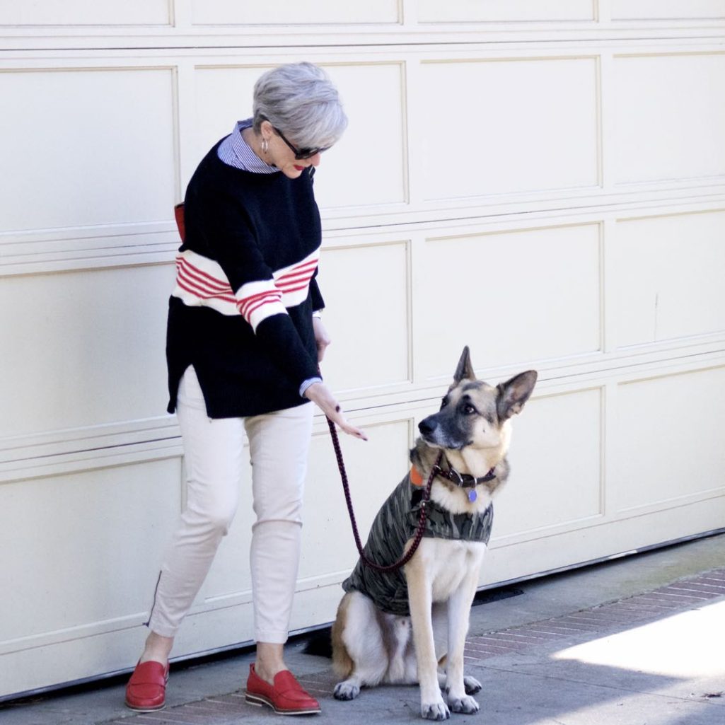 ann taylor striped sweater, j.crew striped shirt, j.crew cargo pants, coach loafers