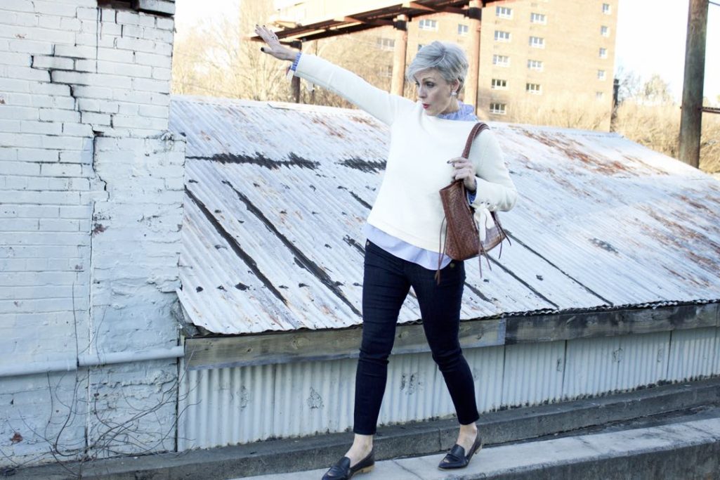 ann taylor grommet sweater, striped ruffled shirt, denim, everlane loafers