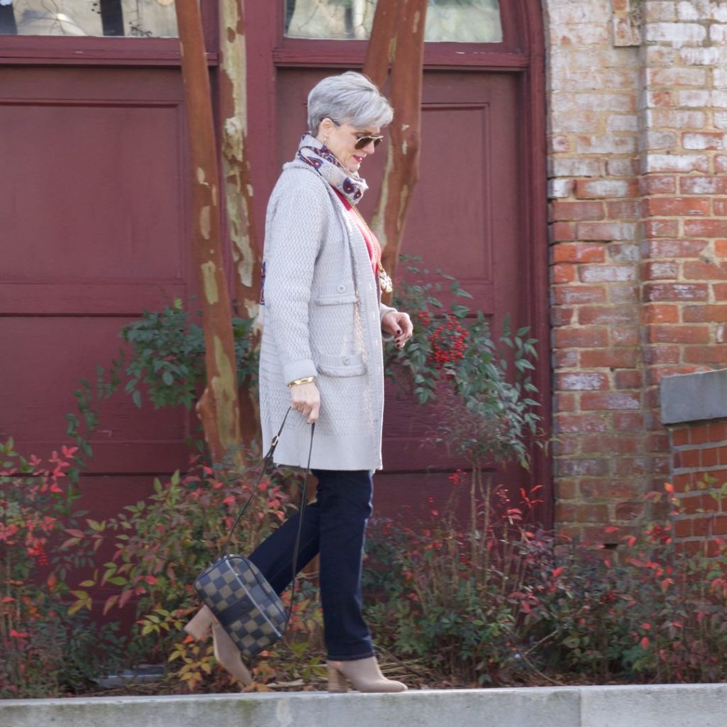 st. john knits cardigan, ralph lauren sweater, ann taylor denim, marc fisher booties, j.crew scarf