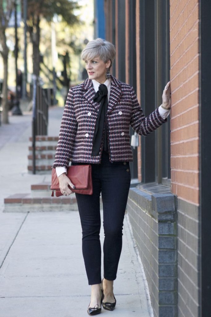 ann taylor double breasted tweed jacket, sailor all day skinny jeans, ralph lauren pussy bow, mark and graham clutch, gucci pumps,