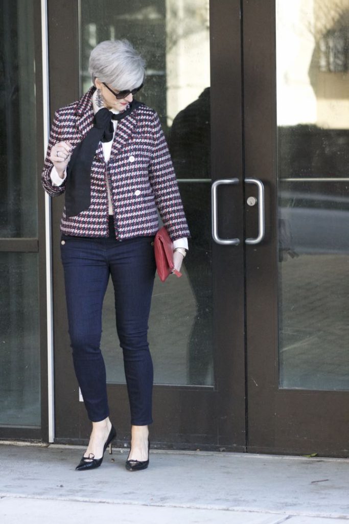 ann taylor double breasted tweed jacket, sailor all day skinny jeans, ralph lauren pussy bow, mark and graham clutch, gucci pumps,