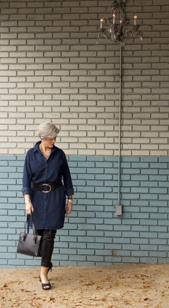 denim shirtdress and leather leggings