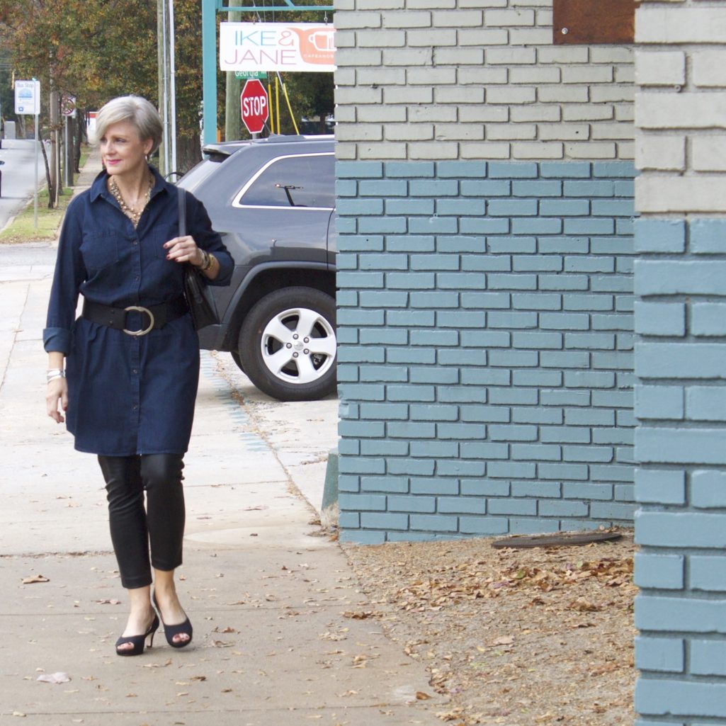 denim shirtdress and leather leggings