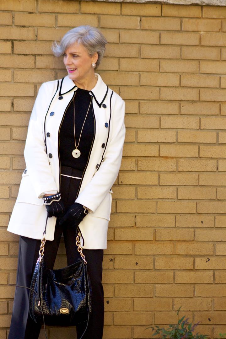 INC. coat, vince camuto black cropped pants, cashmere crewneck, sock booties