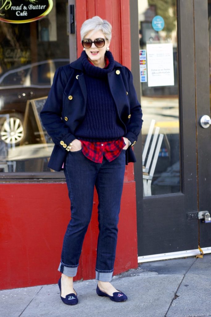 peacoat, chunky knit sweater, plaid shirt, blue jeans