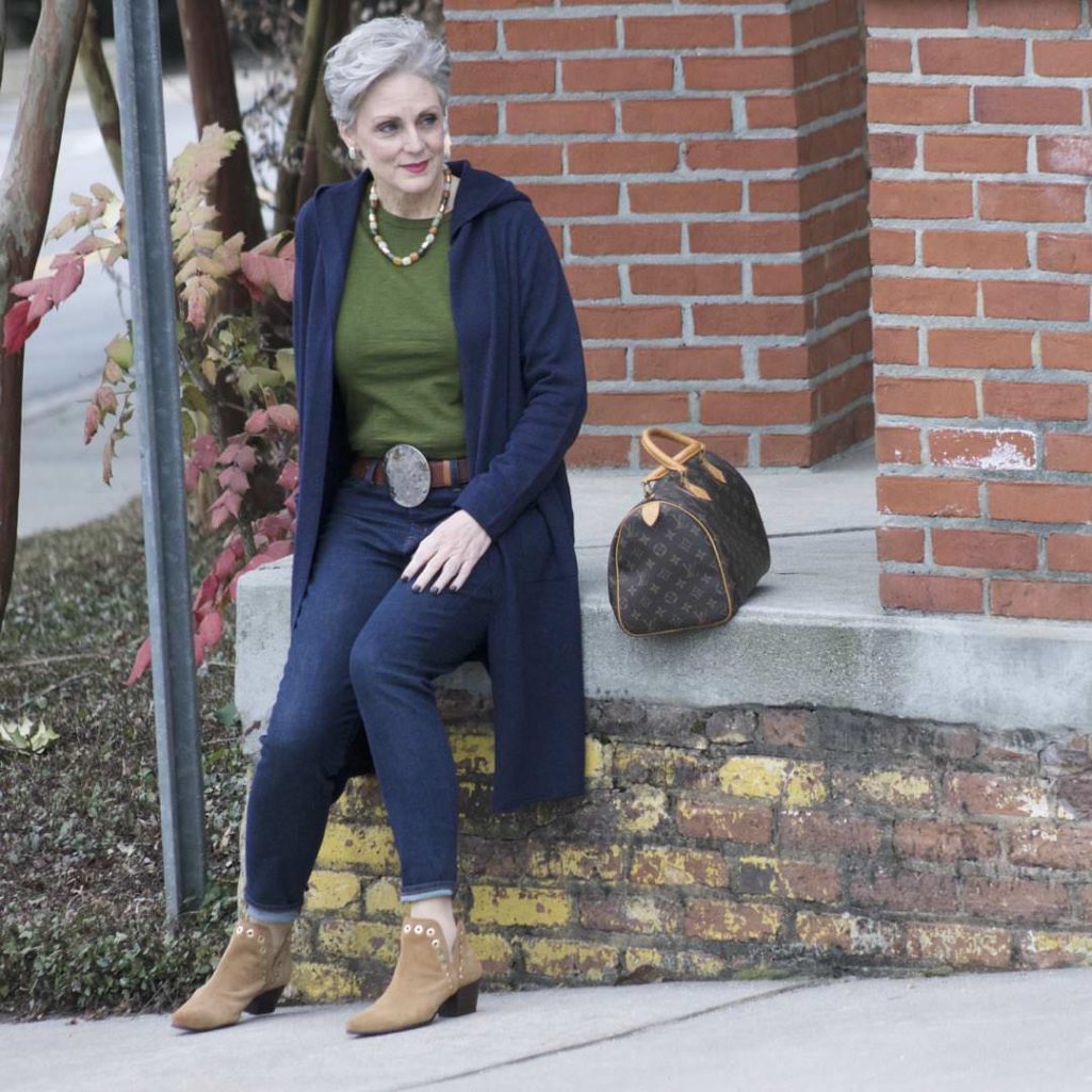 eileen fisher blue cotton duster, j.crew green slub cotton tee, j.crew classic wash toothpick jean, sam edelman grommet booties, louis vuitton speedy