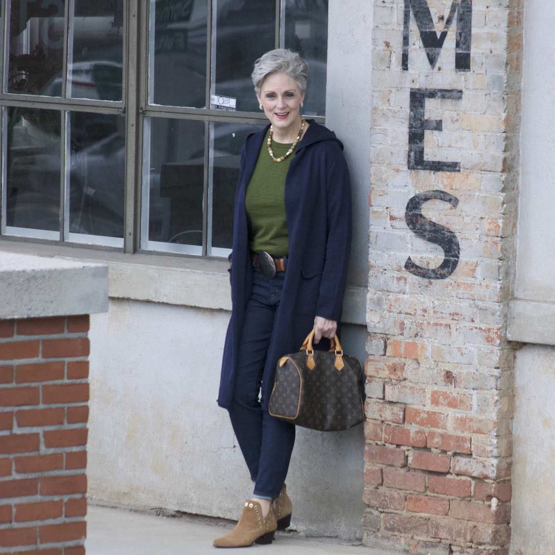 eileen fisher blue cotton duster, j.crew green slub cotton tee, j.crew classic wash toothpick jean, sam edelman grommet booties, louis vuitton speedy