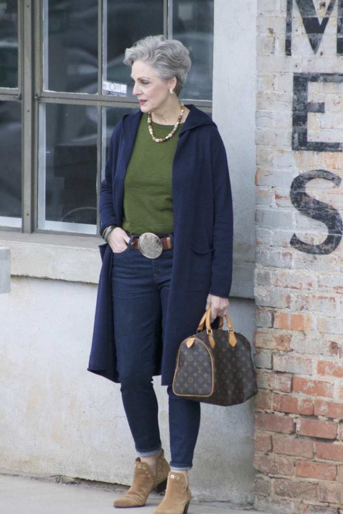 eileen fisher blue cotton duster, j.crew green slub cotton tee, j.crew classic wash toothpick jean, sam edelman grommet booties, louis vuitton speedy