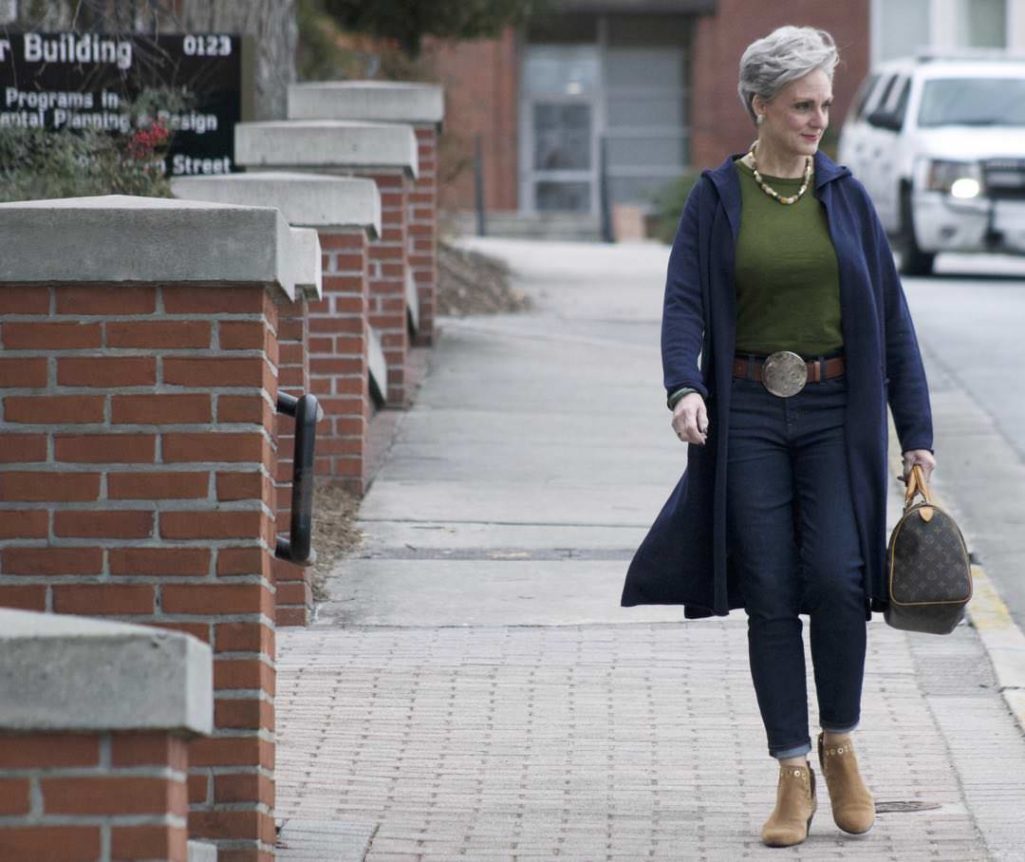 eileen fisher blue cotton duster, j.crew green slub cotton tee, j.crew classic wash toothpick jean, sam edelman grommet booties, louis vuitton speedy