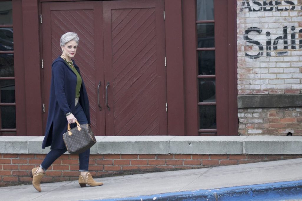 eileen fisher blue cotton duster, j.crew green slub cotton tee, j.crew classic wash toothpick jean, sam edelman grommet booties, louis vuitton speedy