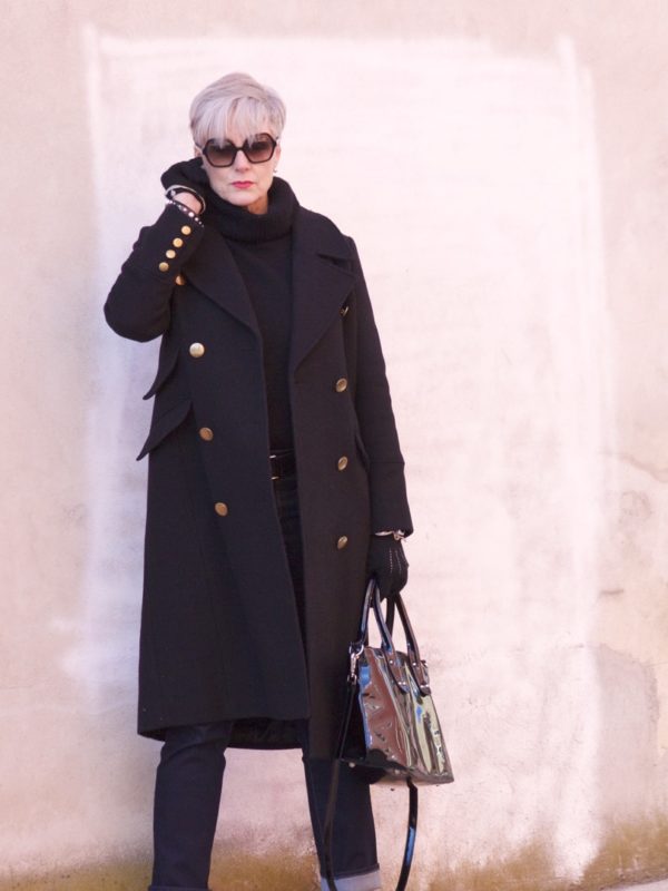 ralph lauren military coat, j.crew black turtleneck, talbots flawless five pocket, leopard chelsea boots