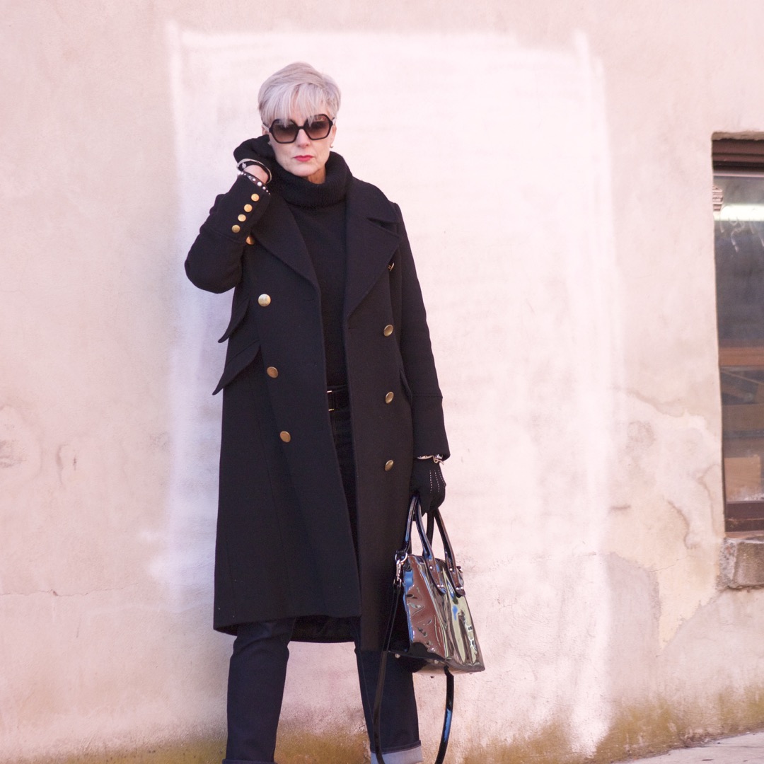 ralph lauren military coat, j.crew black turtleneck, talbots flawless five pocket, leopard chelsea boots