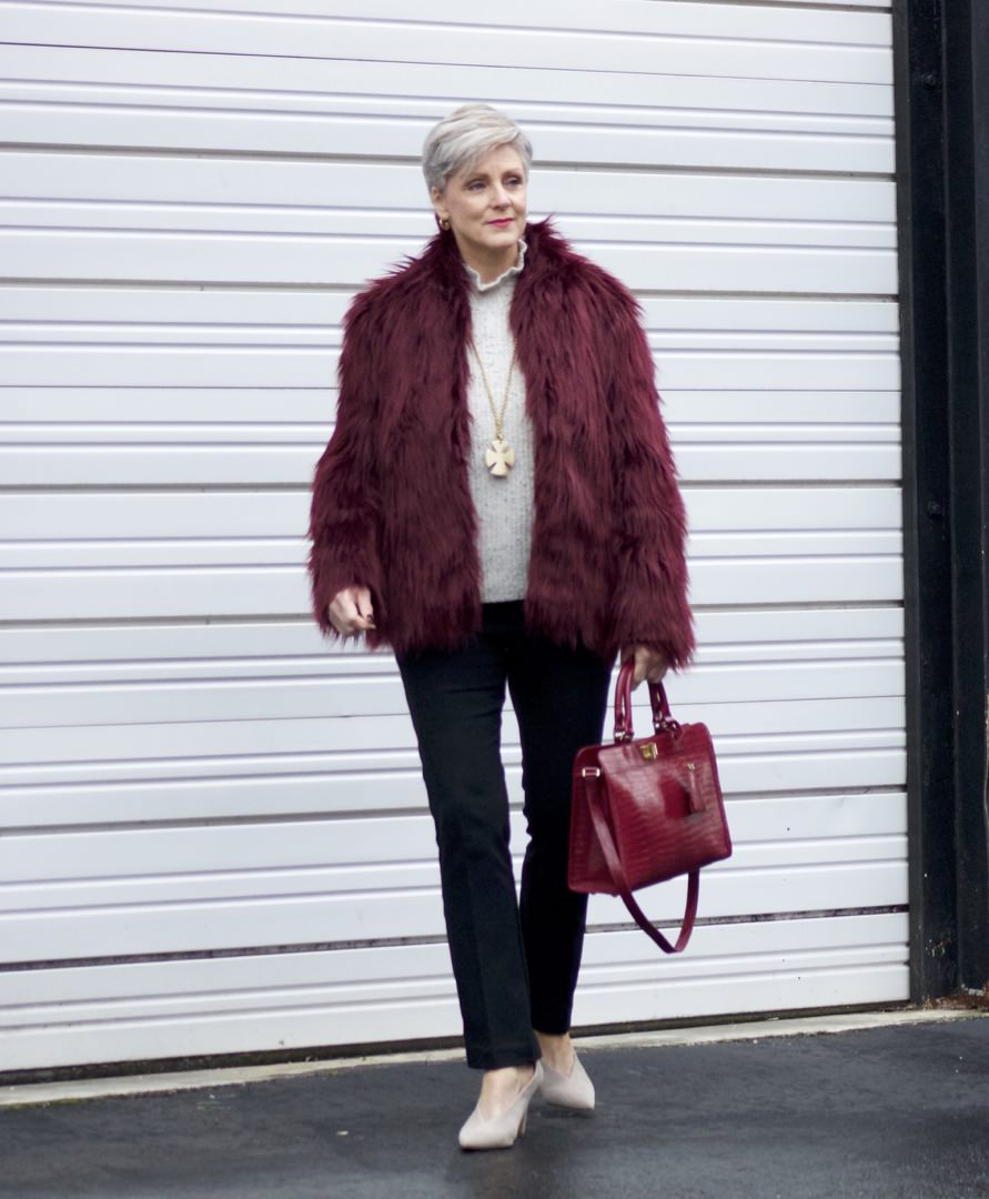 faux fur jacket, joie sweater, ann taylor track pants, vince camuto suede shoes, talbots handbag