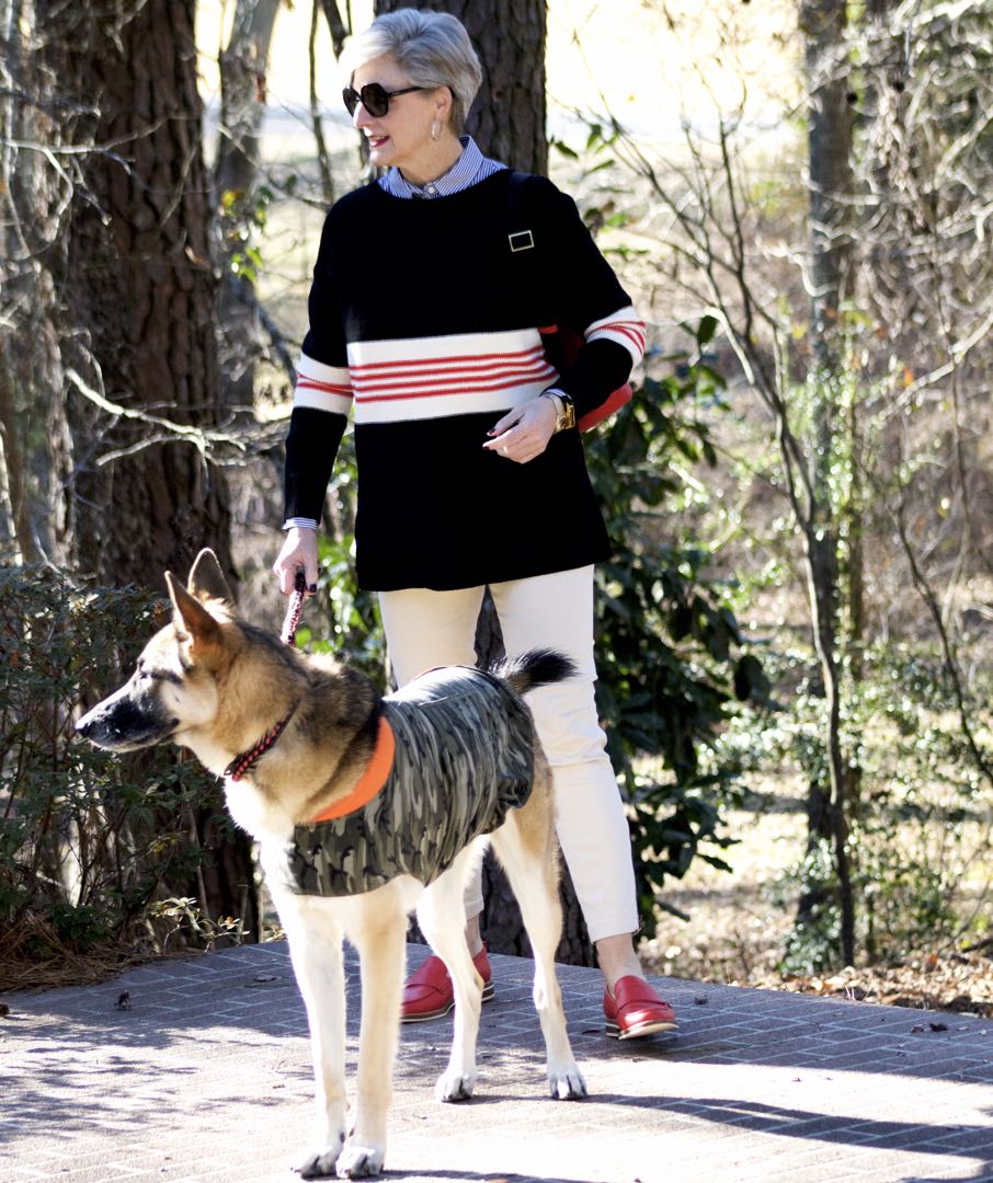 ann taylor striped sweater, j.crew striped shirt, j.crew cargo pants, coach loafers