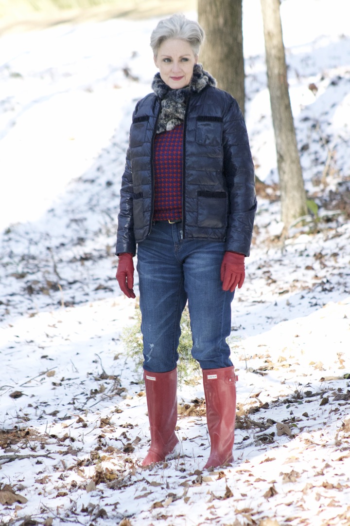 talbots puffer jacket, j.crew boyfriend jeans, hunter boots