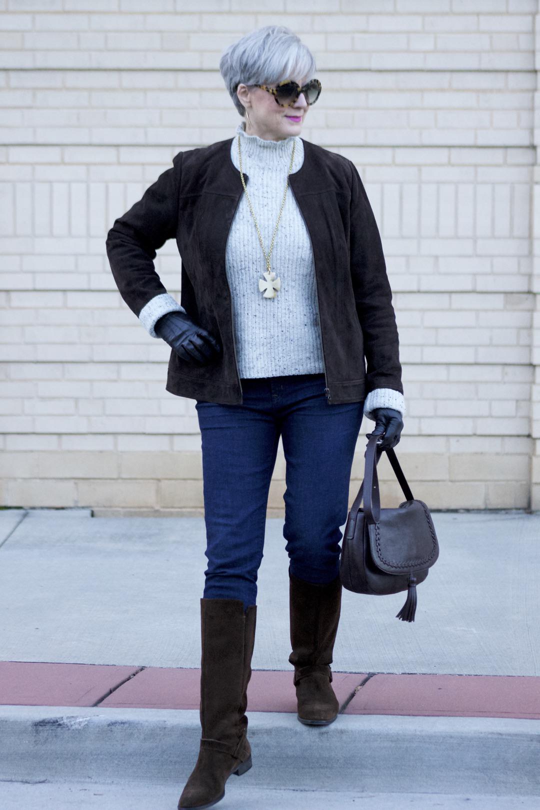 suede jacket, joie sweater, j.crew suede boots, flap crossbody bag