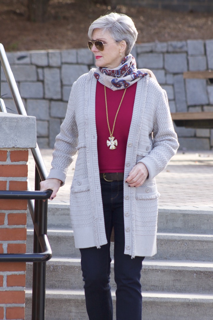 st. john knits cardigan, ralph lauren sweater, ann taylor denim, marc fisher booties, j.crew scarf