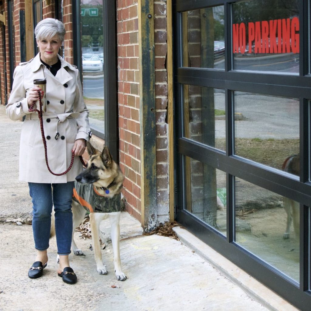 trench coat, j.crew toothpick jeans, everlane silk tunic, target merona slides