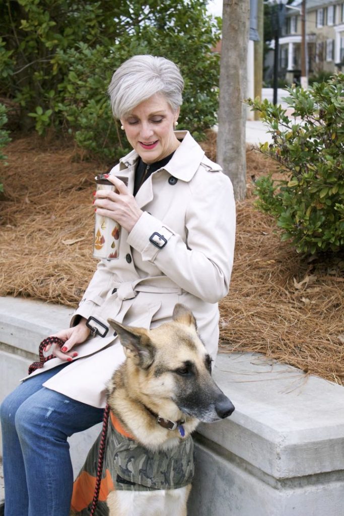 trench coat, j.crew toothpick jeans, everlane silk tunic, target merona slides