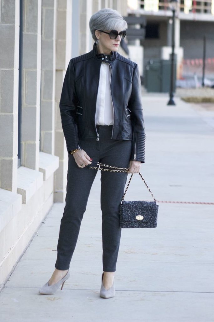 vince camuto leather moto jacket, everlane silk blouse, talbots pants, vince camuto suede pumps, talbots tweed handbag