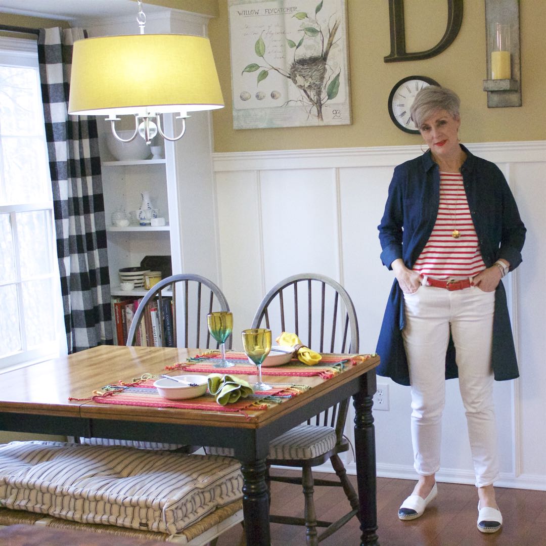 j.crew striped tee, madewell denim dress, ann taylor white denim, tory burch espadrilles