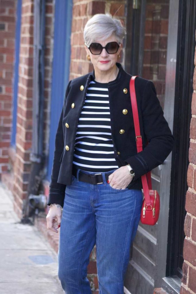 zara military blazer, j.crew matchstick denim, ralph lauren striped tee, coach red loafers, talbots red camera handbag