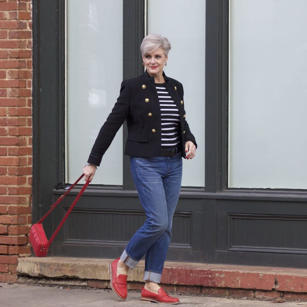 zara military blazer, j.crew matchstick denim, ralph lauren striped tee, coach red loafers, talbots red camera handbag