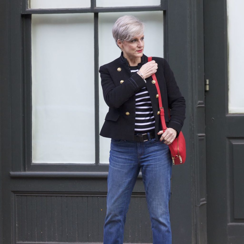 zara military blazer, j.crew matchstick denim, ralph lauren striped tee, coach red loafers, talbots red camera handbag