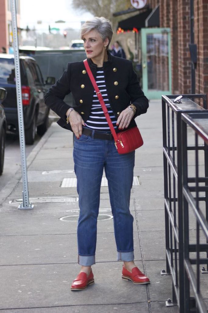 zara military blazer, j.crew matchstick denim, ralph lauren striped tee, coach red loafers, talbots red camera handbag