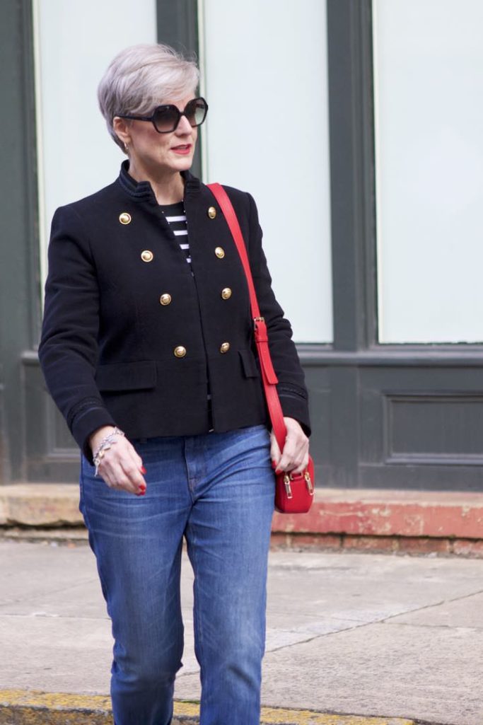 zara military blazer, j.crew matchstick denim, ralph lauren striped tee, coach red loafers, talbots red camera handbag