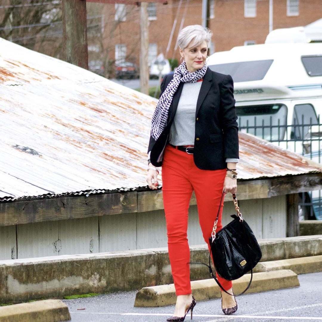 boden red jeans, j.crew black blazer, boden allie tee, michael kors handbag