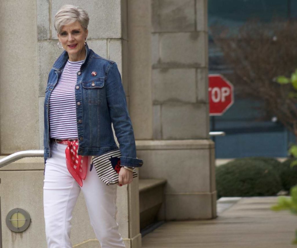 ann taylor white denim, urban outfitters stripe tee, old navy denim jacket, talbots scarf and clutch, target block heel sandals